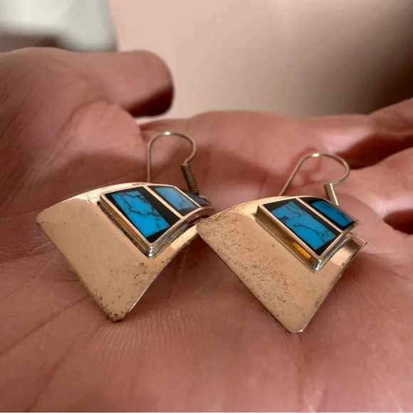 Taxco Vintage sterling silver turquoise southwestern oversized earrings - Picture 5 of 17